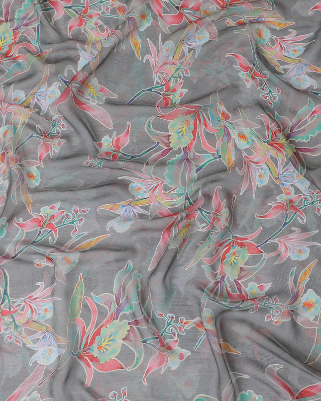 قماش من الشيفون الحريري الفاخر ذو التجاعيد باللون الرمادي الأحفوري مع طباعة متعددة الألوان بتصميم الأزهار-D17003
