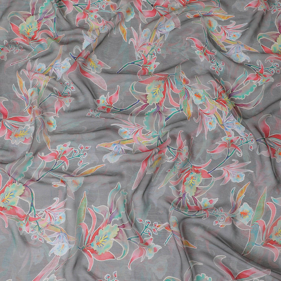 Fossil grey Premium pure wrinkle silk chiffon fabric with multicolor print in floral design-D17003