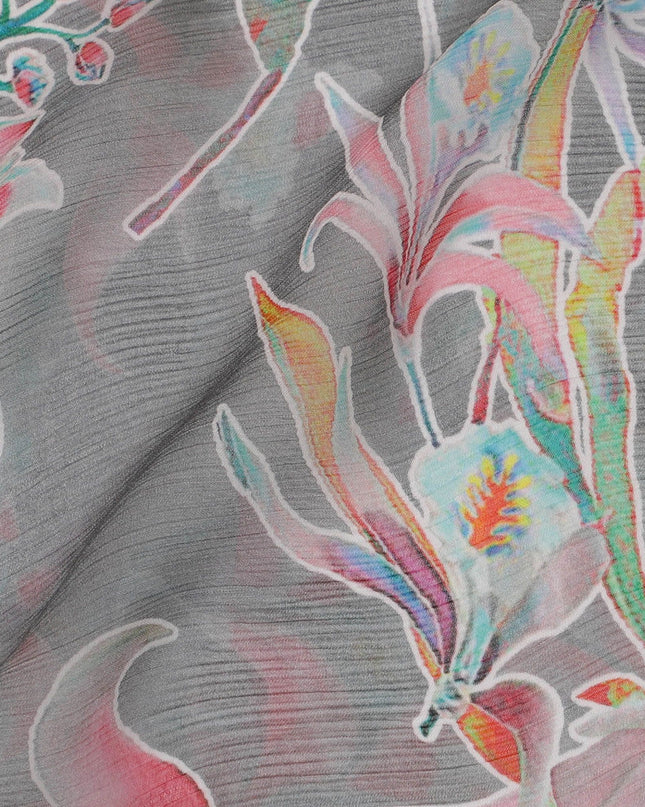 Fossil grey Premium pure wrinkle silk chiffon fabric with multicolor print in floral design-D17003