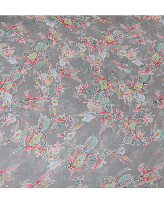 قماش من الشيفون الحريري الفاخر ذو التجاعيد باللون الرمادي الأحفوري مع طباعة متعددة الألوان بتصميم الأزهار-D17003