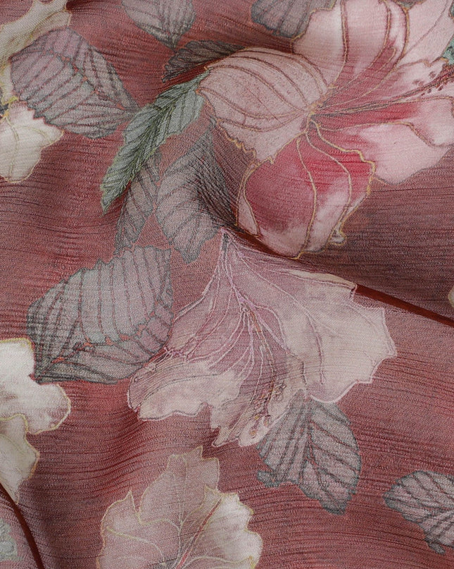 Barn red Premium pure wrinkle silk chiffon fabric with multicolor print in floral design-D17004
