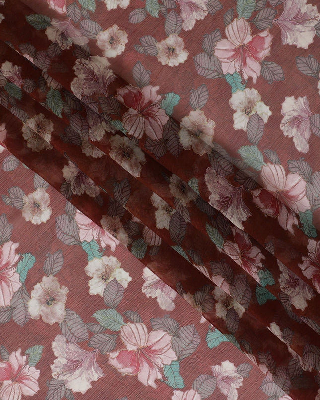 Barn red Premium pure wrinkle silk chiffon fabric with multicolor print in floral design-D17004