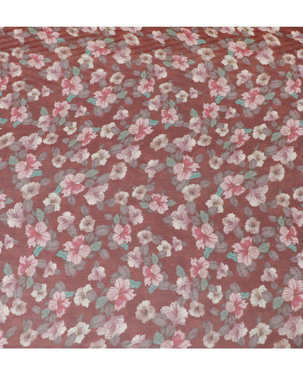قماش الشيفون الحريري الفاخر ذو التجاعيد باللون الأحمر مع طباعة متعددة الألوان بتصميم الأزهار-D17004