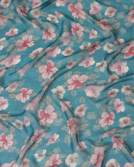Ocean blue Premium pure wrinkle silk chiffon fabric with multicolor print in floral design-D17005
