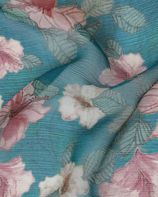 قماش الشيفون الحريري الفاخر ذو التجاعيد باللون الأزرق المحيطي مع طباعة متعددة الألوان بتصميم الأزهار-D17005