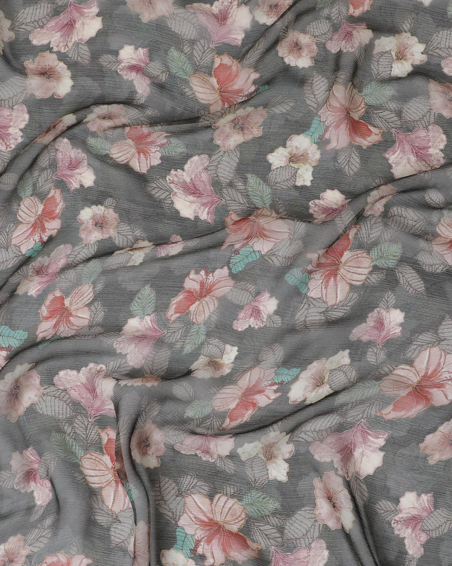 قماش من الشيفون الحريري الفاخر ذو اللون الرمادي الفحمي مع طباعة متعددة الألوان بتصميم الأزهار-D17006