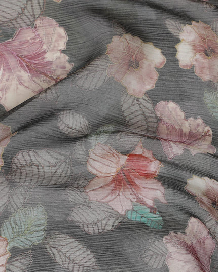 قماش من الشيفون الحريري الفاخر ذو اللون الرمادي الفحمي مع طباعة متعددة الألوان بتصميم الأزهار-D17006