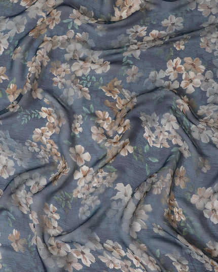 Navy blue Premium pure wrinkle silk chiffon fabric with multicolor print in floral design-D17007
