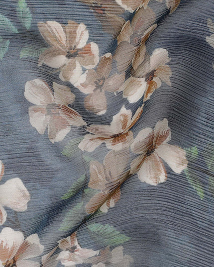 قماش الشيفون الحريري الفاخر ذو التجاعيد باللون الأزرق الداكن مع طباعة متعددة الألوان بتصميم الأزهار-D17007