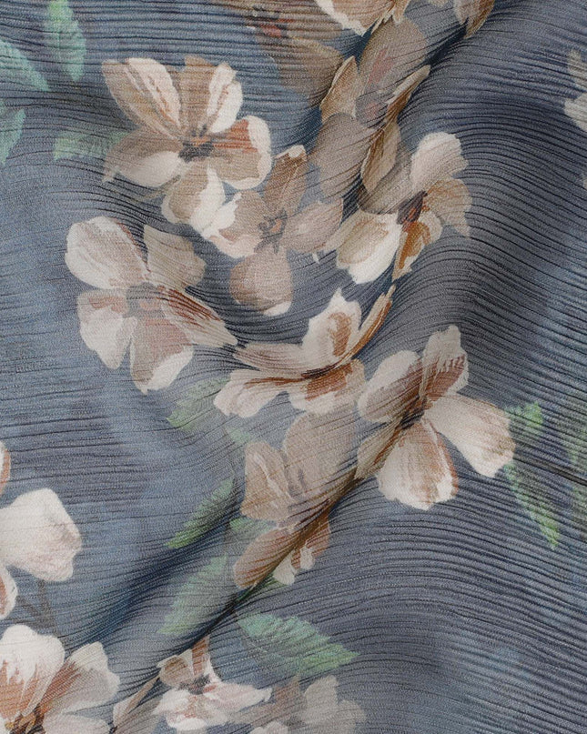 قماش الشيفون الحريري الفاخر ذو التجاعيد باللون الأزرق الداكن مع طباعة متعددة الألوان بتصميم الأزهار-D17007