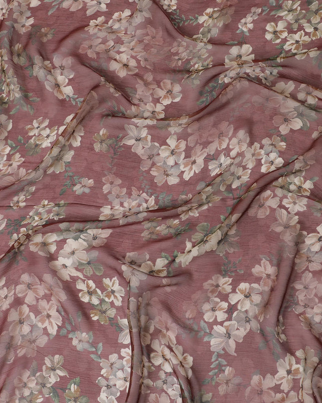 قماش من الشيفون الحريري الفاخر ذو اللون البني الداكن مع طباعة متعددة الألوان بتصميم الأزهار-D17008