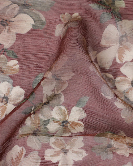 قماش من الشيفون الحريري الفاخر ذو اللون البني الداكن مع طباعة متعددة الألوان بتصميم الأزهار-D17008