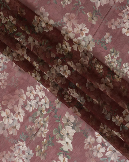 Chocolate brown Premium pure wrinkle silk chiffon fabric with multicolor print in floral design-D17008