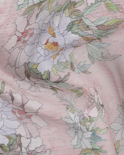 قماش شيفون حريري فاخر ذو تجعيدات وردي فاتح مع طباعة متعددة الألوان بتصميم الأزهار-D17009