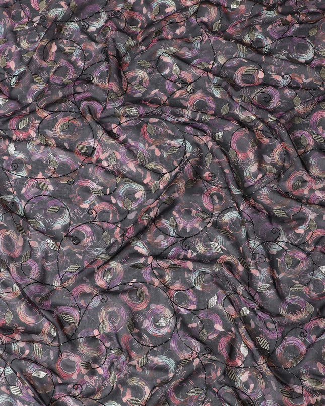 Black Premium pure cotton voile fabric with same tone embroidery, sequin work and multicolor print in geometric design-D17054