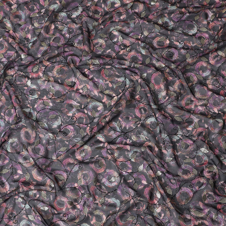 Black Premium pure cotton voile fabric with same tone embroidery, sequin work and multicolor print in geometric design-D17054