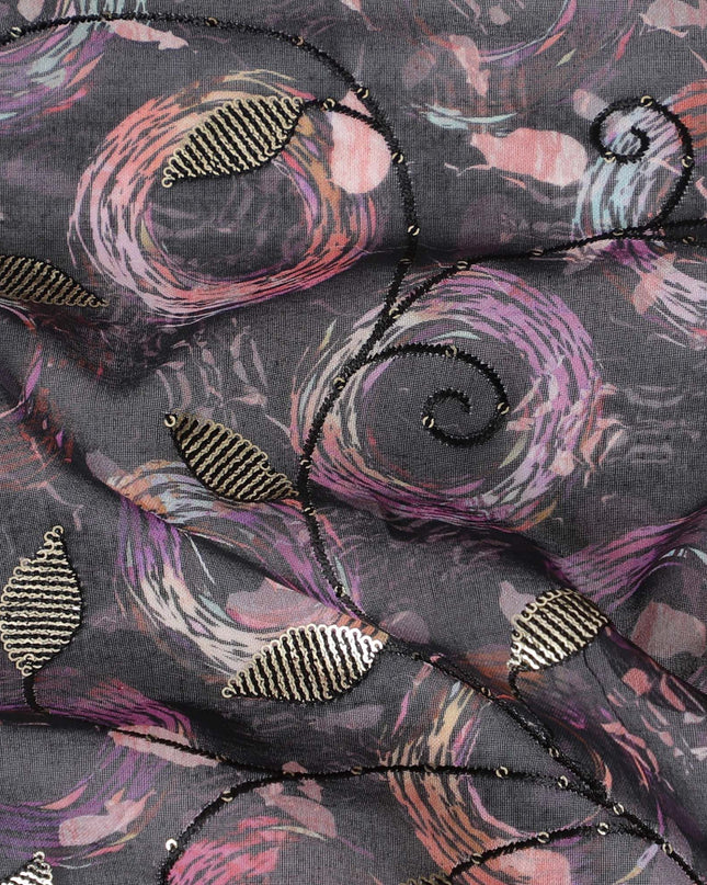 Black Premium pure cotton voile fabric with same tone embroidery, sequin work and multicolor print in geometric design-D17054