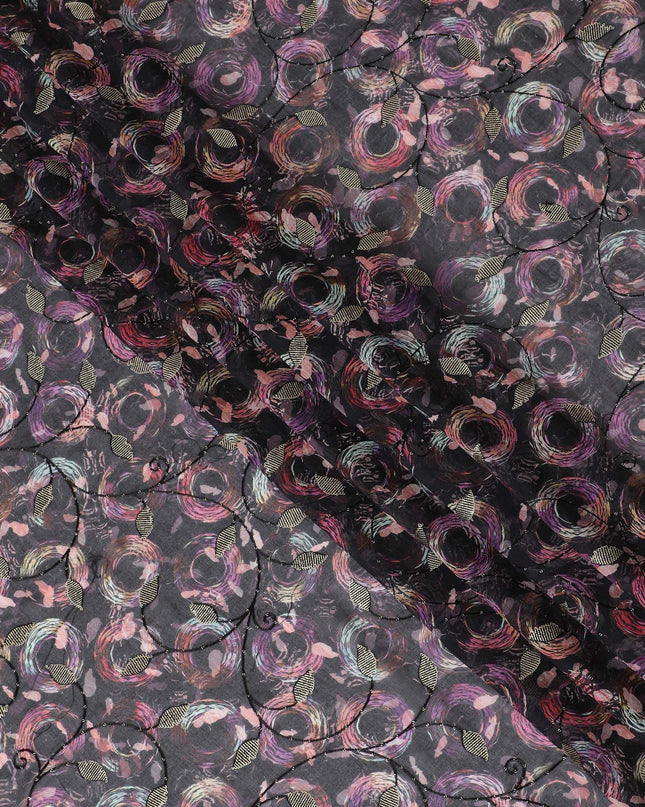 Black Premium pure cotton voile fabric with same tone embroidery, sequin work and multicolor print in geometric design-D17054