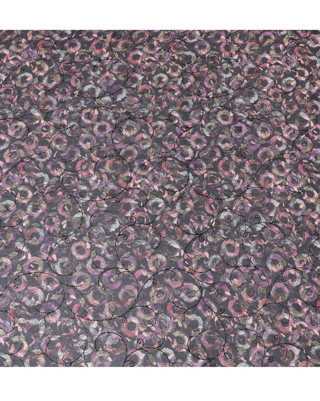 Black Premium pure cotton voile fabric with same tone embroidery, sequin work and multicolor print in geometric design-D17054