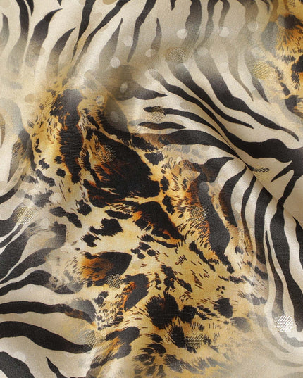 Light gold Premium pure silk satin fabric with multicolor print in animal skin design-D17065