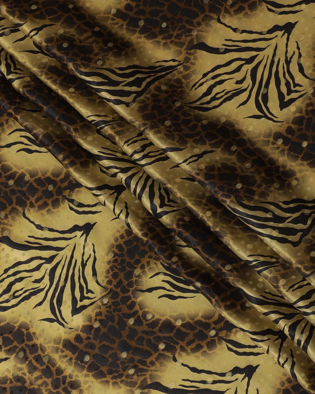 قماش ساتان حريري خالص فاخر باللون الذهبي الداكن مع الخردل، وطباعة سوداء مع لوريكس معدني ذهبي بتصميم جلد الحيوان -D17067