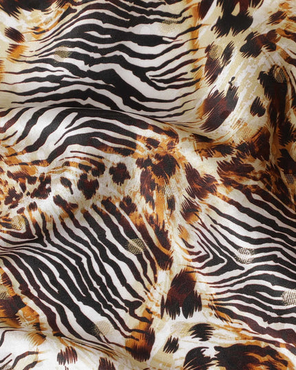 White Premium pure silk satin fabric with black and grey print having gold metallic in animal skin design-D17072