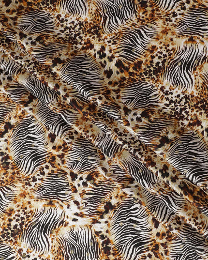 White Premium pure silk satin fabric with black and grey print having gold metallic in animal skin design-D17072