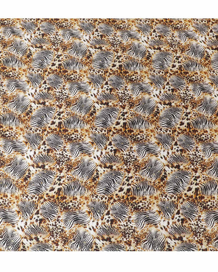 White Premium pure silk satin fabric with black and grey print having gold metallic in animal skin design-D17072