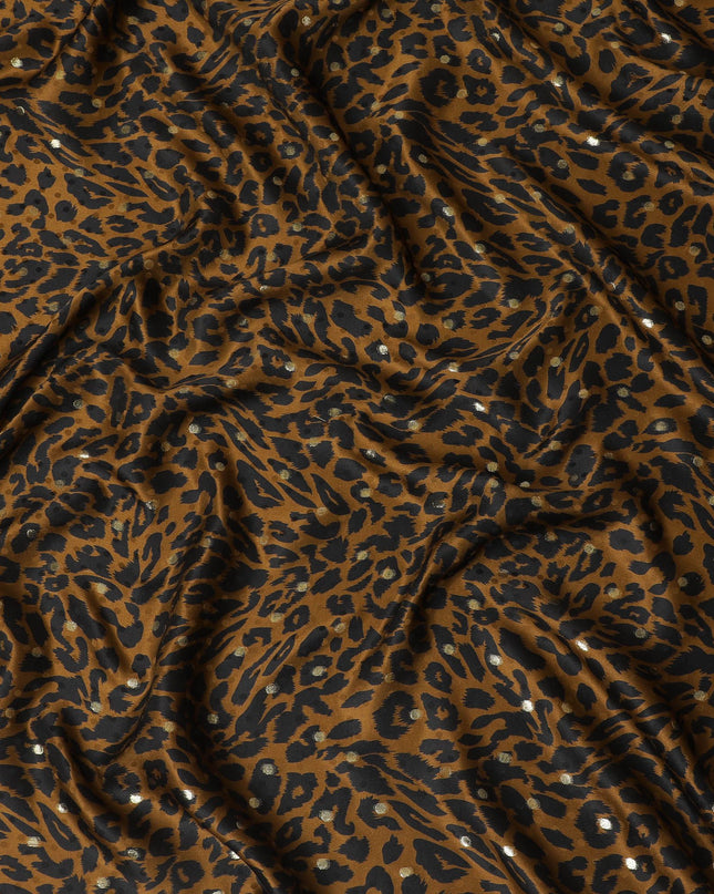 قماش ساتان من الحرير الخالص الخردل مع طباعة سوداء مع لوريكس معدني ذهبي بتصميم جلد الحيوان -D17073