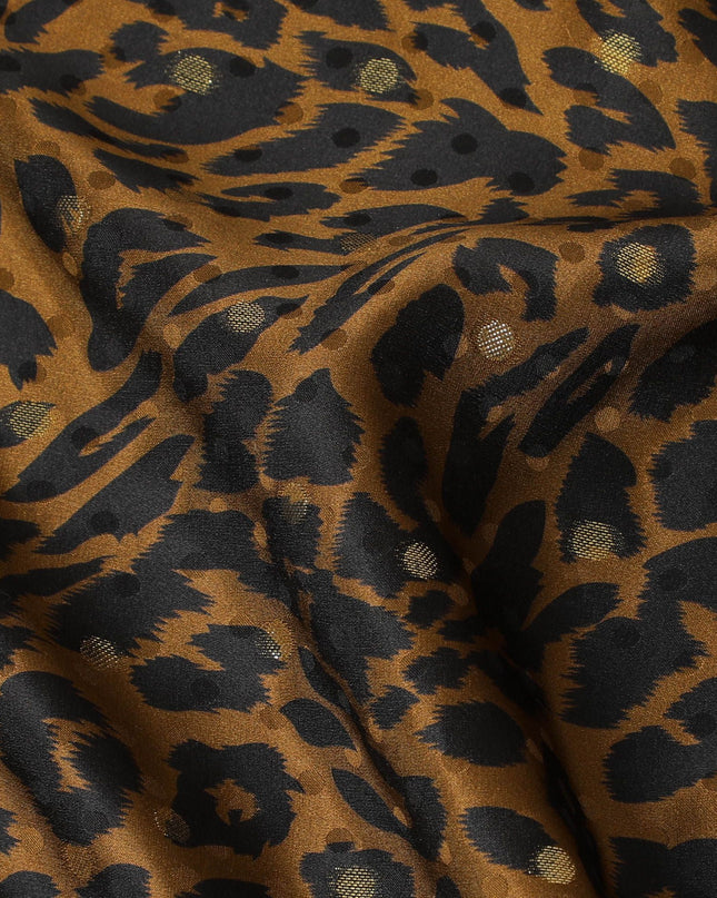 قماش ساتان من الحرير الخالص الخردل مع طباعة سوداء مع لوريكس معدني ذهبي بتصميم جلد الحيوان -D17073