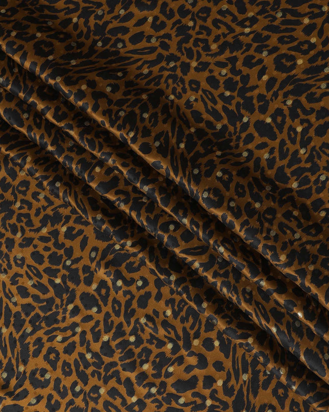قماش ساتان من الحرير الخالص الخردل مع طباعة سوداء مع لوريكس معدني ذهبي بتصميم جلد الحيوان -D17073