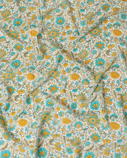 White Premium pure silk crepe fabric with multicolor print in floral design-D17190 Regal Fabrics