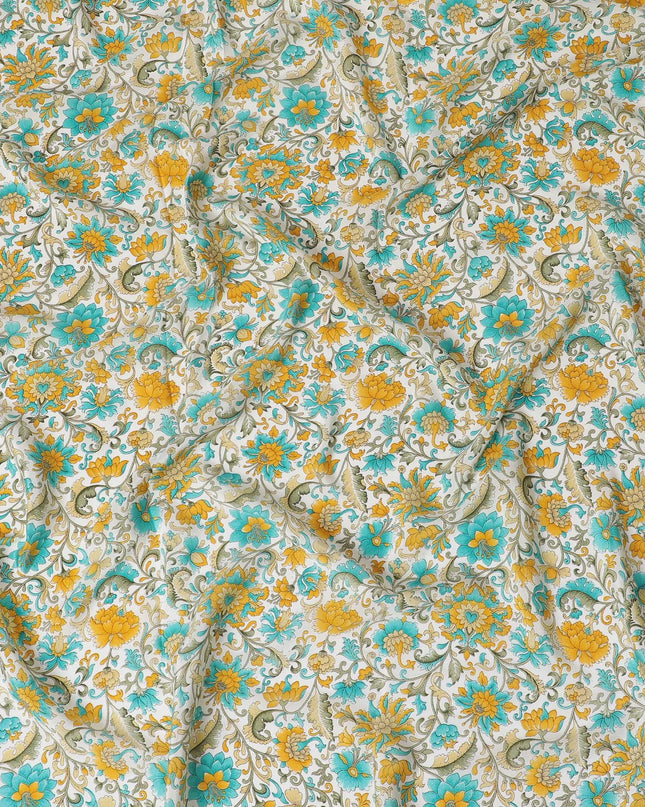 White Premium pure silk crepe fabric with multicolor print in floral design-D17190 Regal Fabrics