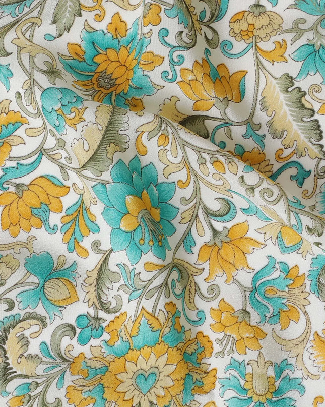 White Premium pure silk crepe fabric with multicolor print in floral design-D17190 Regal Fabrics