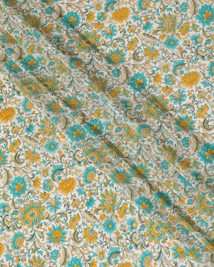 White Premium pure silk crepe fabric with multicolor print in floral design-D17190 Regal Fabrics