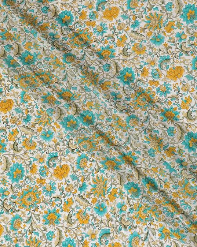 White Premium pure silk crepe fabric with multicolor print in floral design-D17190 Regal Fabrics