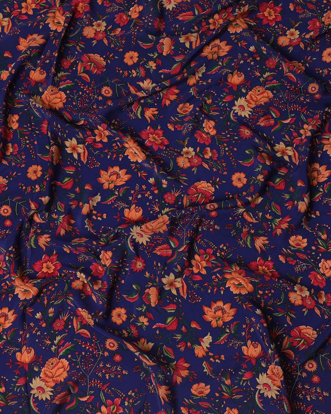 Dark royal blue Premium pure silk crepe fabric with multicolor print in floral design-D17192 Regal Fabrics