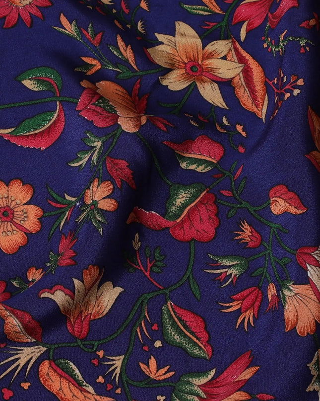 Dark royal blue Premium pure silk crepe fabric with multicolor print in floral design-D17192 Regal Fabrics