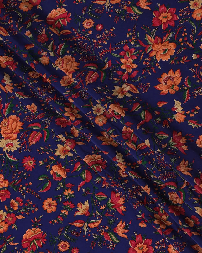 Dark royal blue Premium pure silk crepe fabric with multicolor print in floral design-D17192 Regal Fabrics