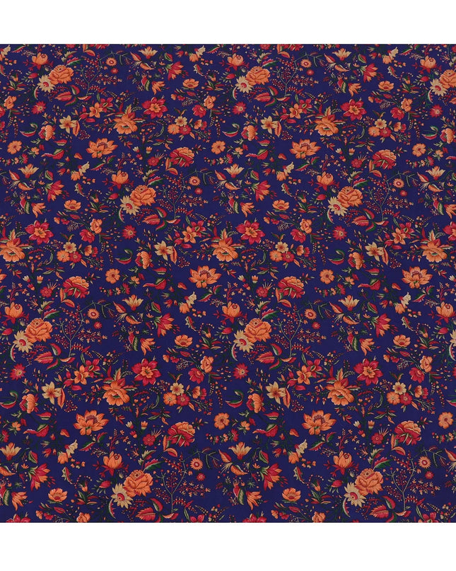 Dark royal blue Premium pure silk crepe fabric with multicolor print in floral design-D17192 Regal Fabrics