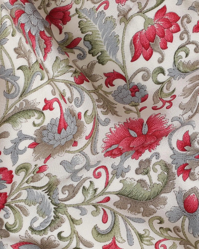 White Premium pure silk crepe fabric with multicolor print in floral design-D17194 Regal Fabrics