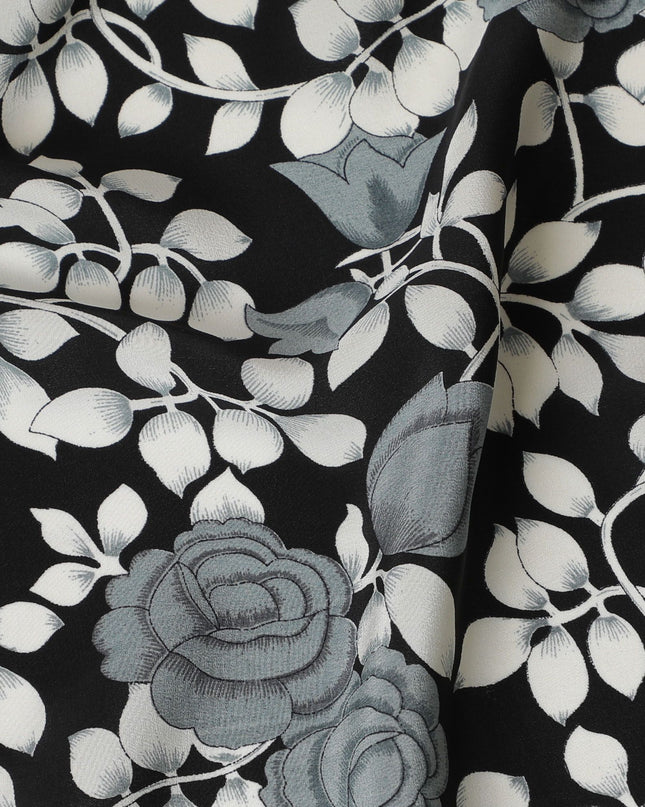 Black Premium pure silk crepe fabric with grey and white print in floral design-D17196