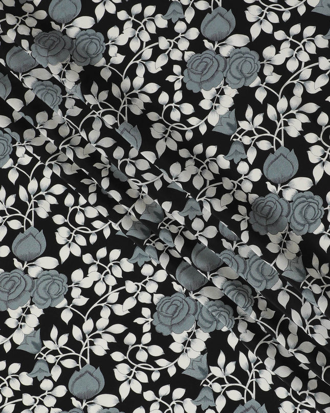 Black Premium pure silk crepe fabric with grey and white print in floral design-D17196