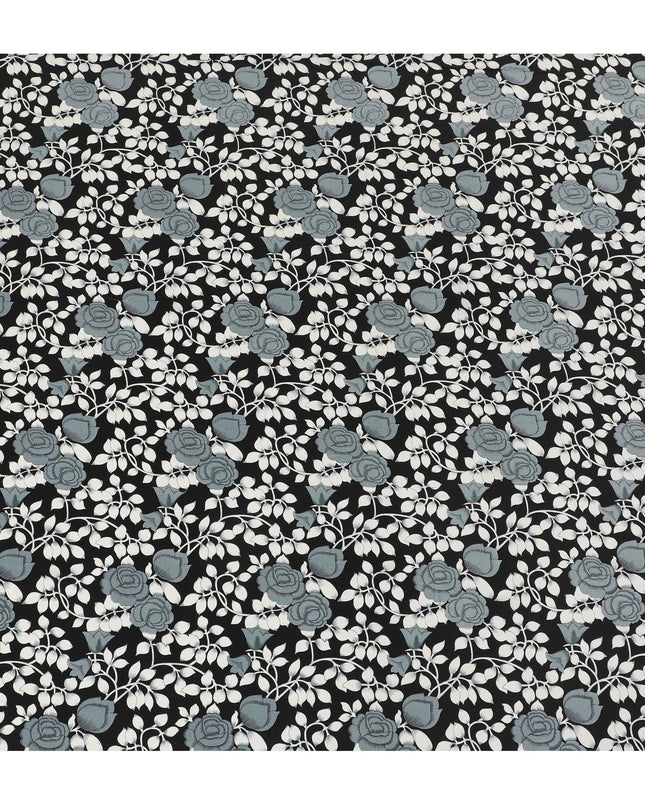 Black Premium pure silk crepe fabric with grey and white print in floral design-D17196