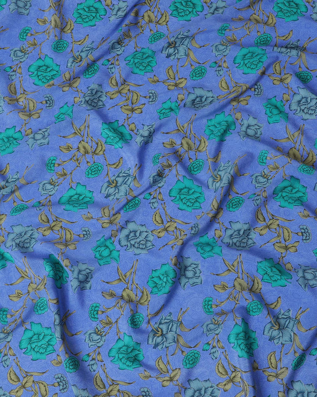 قماش كريب الحرير الخالص الفاخر باللون الأزرق مع طباعة متعددة الألوان بتصميم الأزهار-D17197