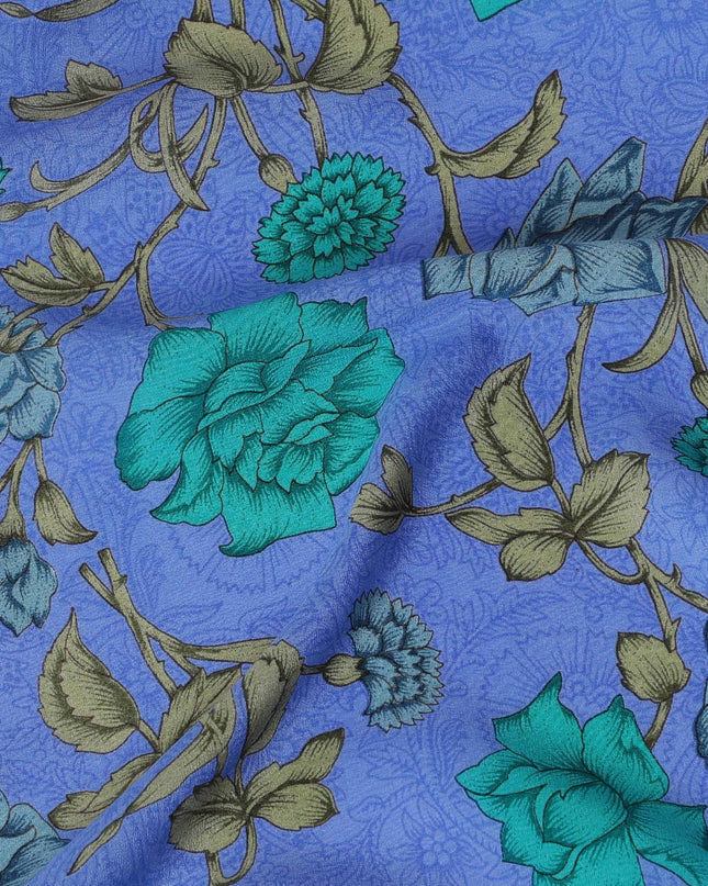 قماش كريب الحرير الخالص الفاخر باللون الأزرق مع طباعة متعددة الألوان بتصميم الأزهار-D17197