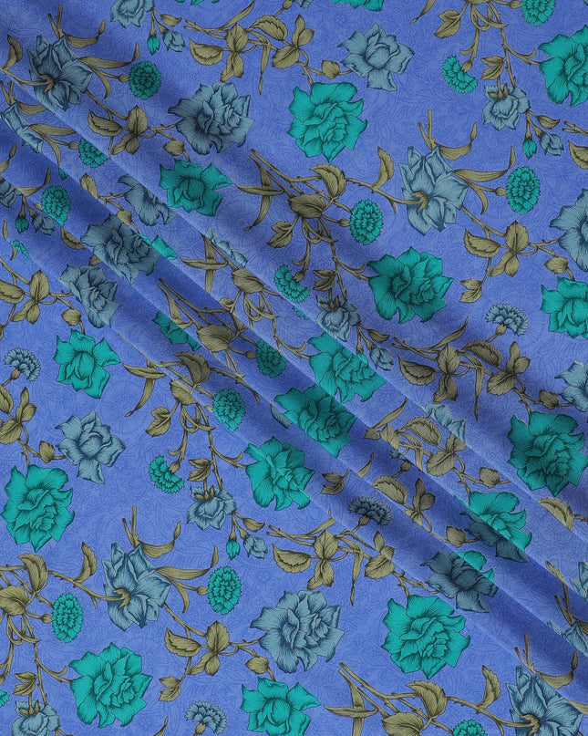 قماش كريب الحرير الخالص الفاخر باللون الأزرق مع طباعة متعددة الألوان بتصميم الأزهار-D17197