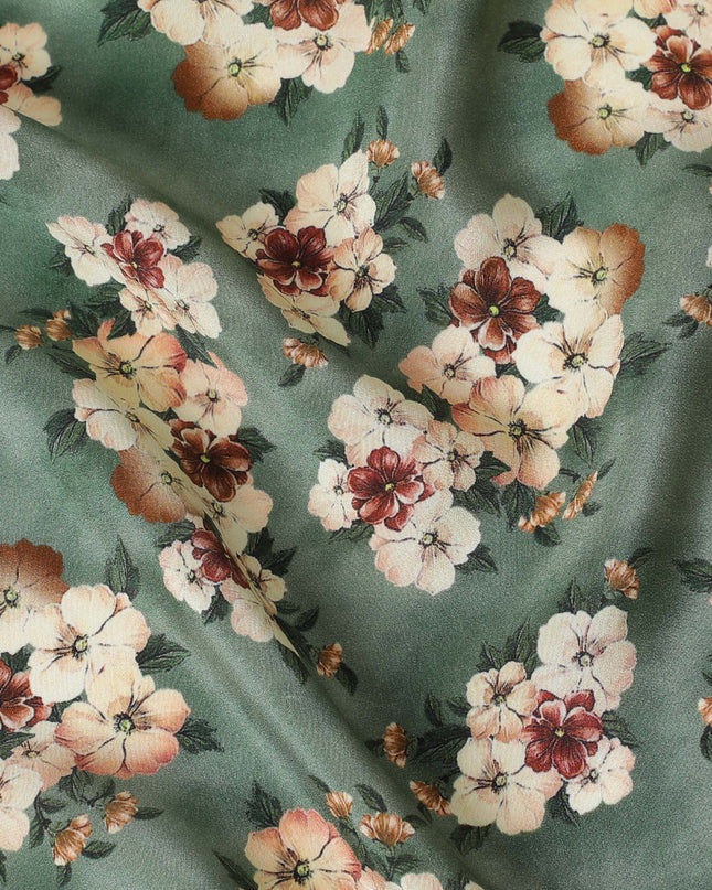 Jade green Premium pure silk crepe fabric with multicolor print in floral design-D17201