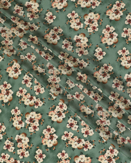 Jade green Premium pure silk crepe fabric with multicolor print in floral design-D17201