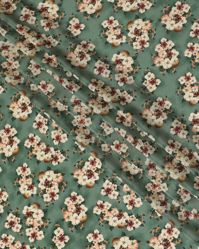 Jade green Premium pure silk crepe fabric with multicolor print in floral design-D17201